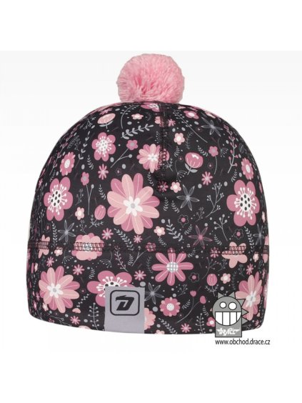 Dívčí zimní funkční čepice Dráče - Flavio 167, kytičky (Kolor Czarny, Rozmiar M 52-54)