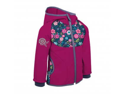 Dívčí softshellová bunda bez zateplení - Unuo Květinky,  tmavě růžová/ malinová (Farba Ružová tmavšia, Veľkosť 104-110)
