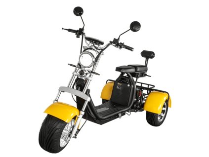 12227 elektro trikolka olto golem 2000w s jednou 20ah baterii zpateckou a velkym kosikem zluta