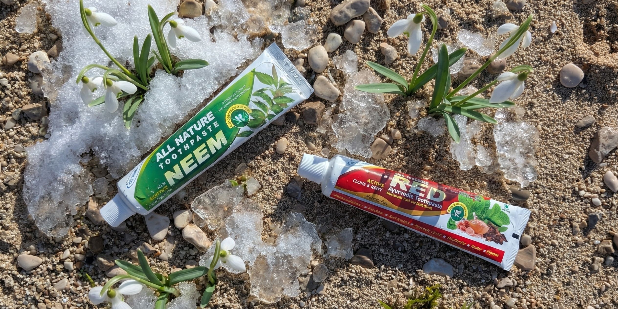 Ájurvédské zubní pasty Neem a RED na písku - jarní