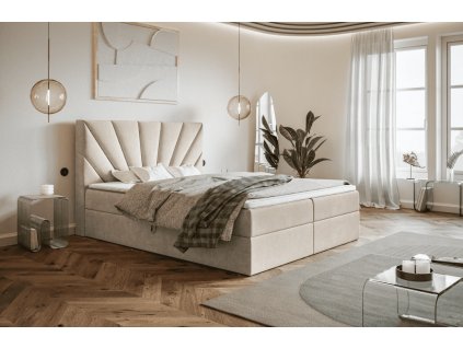 luxusná čalúnená manželská posteľ EMMA 6 béžová v spálni