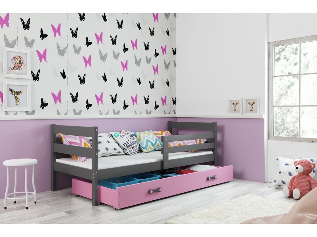 BMS Detská jednolôžková posteľ ERYK FARBA: Grafit, ROZMER: 90 x 200 cm, DOPLNKOVÁ FARBA: Ružová