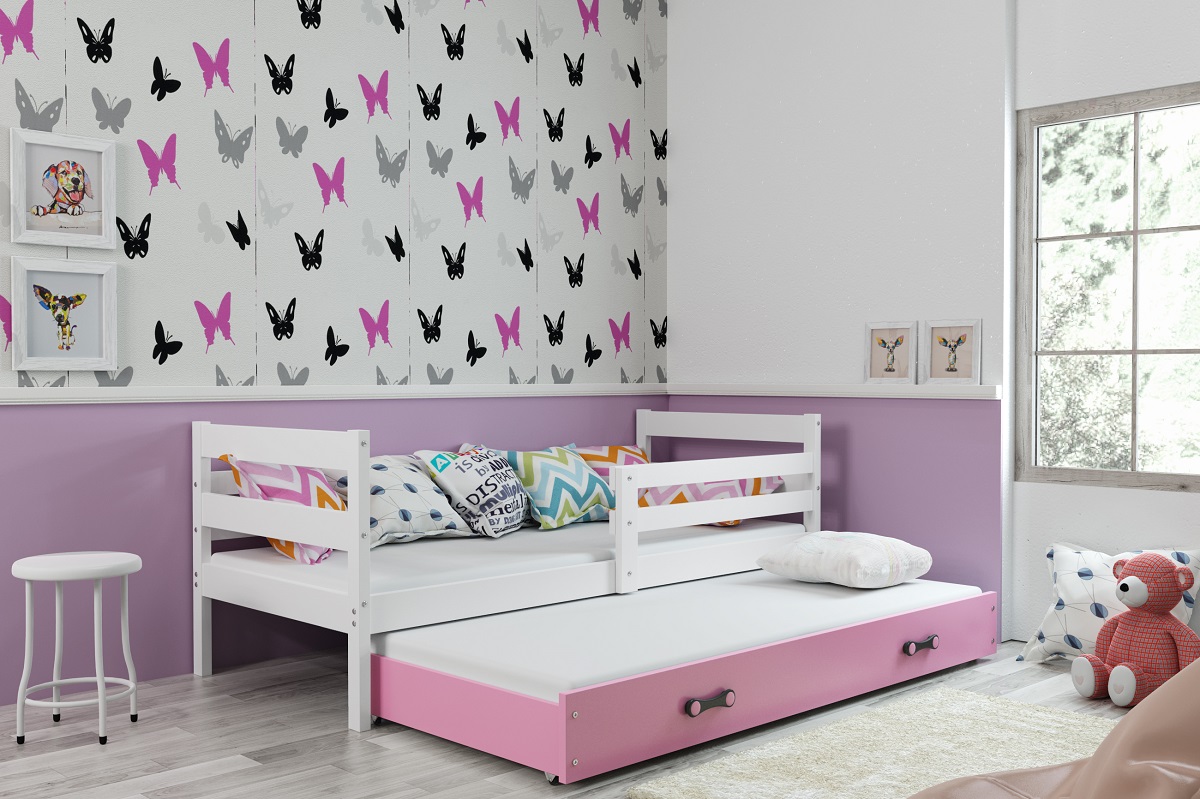 BMS Detská posteľ Eryk 2 s prístelkou FARBA: Biela, ROZMER: 90 x 200 cm, DOPLNKOVÁ FARBA: Ružová