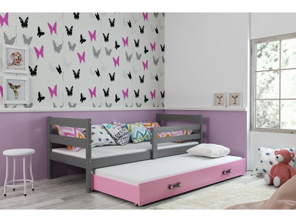 BMS Detská posteľ Eryk 2 s prístelkou FARBA: Grafit, ROZMER: 90 x 200 cm, DOPLNKOVÁ FARBA: Ružová