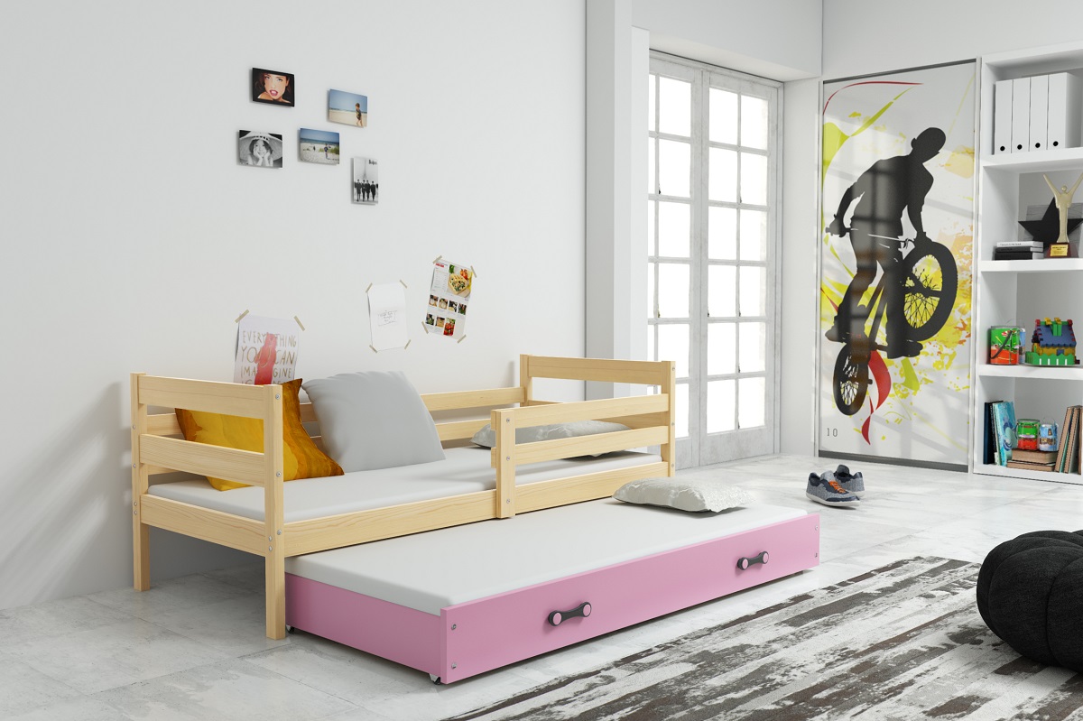 BMS Detská posteľ Eryk 2 s prístelkou FARBA: Borovica, ROZMER: 80 x 190 cm, DOPLNKOVÁ FARBA: Ružová