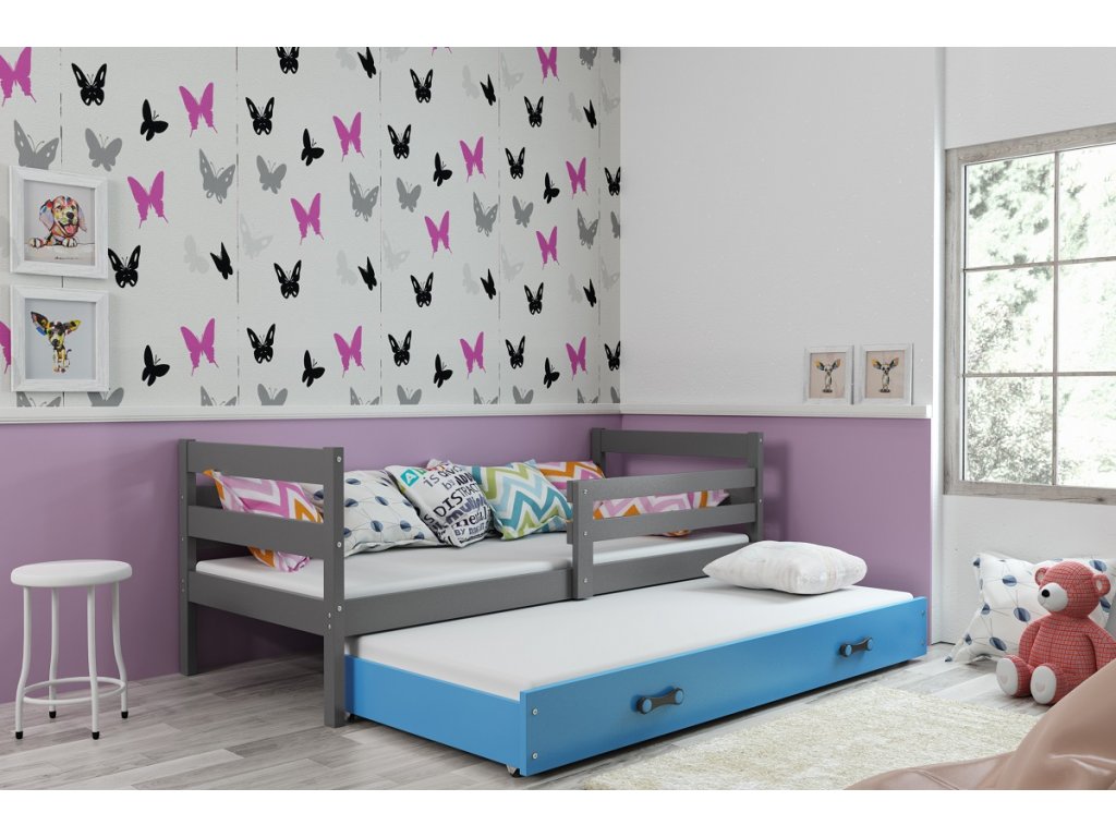 BMS Detská posteľ Eryk 2 s prístelkou FARBA: Grafit, ROZMER: 90 x 200 cm, DOPLNKOVÁ FARBA: Modrá