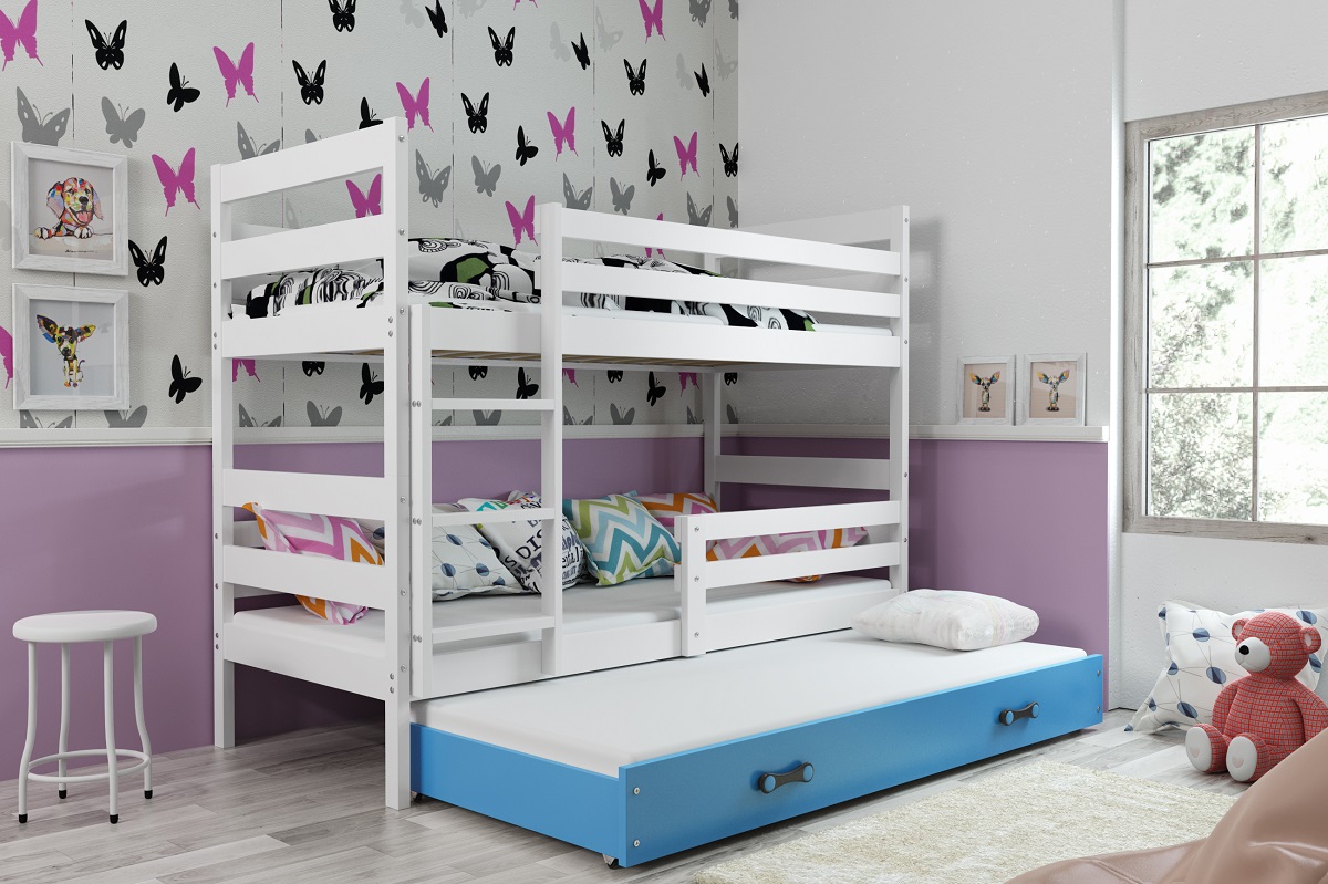 BMS Detská poschodová posteľ s prístelkou Eryk 3 FARBA: Biela, ROZMER: 80 x 160 cm, DOPLNKOVÁ FARBA: Modrá
