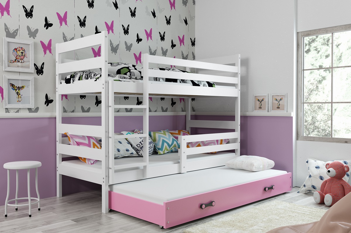 BMS Detská poschodová posteľ s prístelkou Eryk 3 FARBA: Biela, ROZMER: 90 x 200 cm, DOPLNKOVÁ FARBA: Ružová
