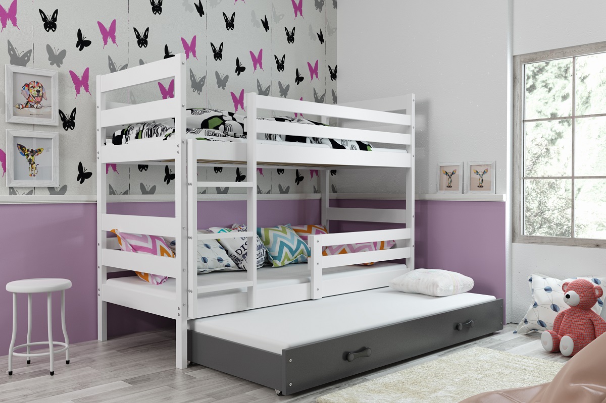 BMS Detská poschodová posteľ s prístelkou Eryk 3 FARBA: Biela, ROZMER: 80 x 160 cm, DOPLNKOVÁ FARBA: Grafit