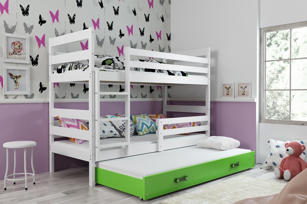 BMS Detská poschodová posteľ s prístelkou Eryk 3 FARBA: Biela, ROZMER: 90 x 200 cm, DOPLNKOVÁ FARBA: Zelená