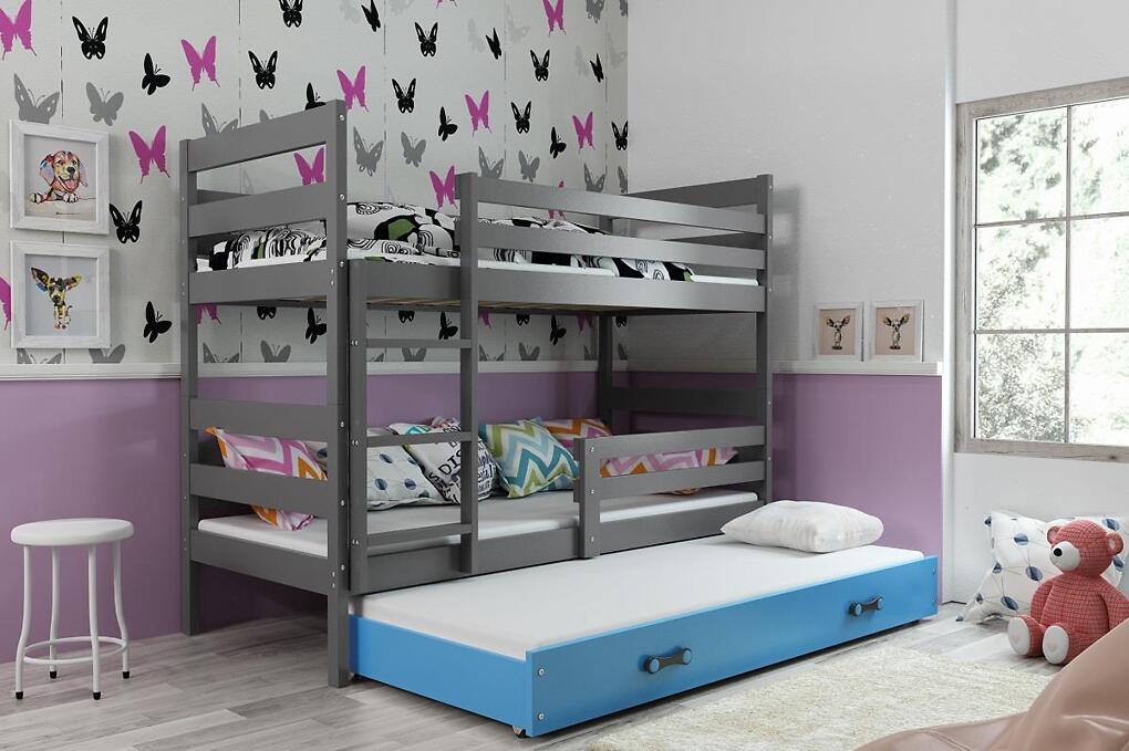 BMS Detská poschodová posteľ s prístelkou Eryk 3 FARBA: Grafit, ROZMER: 90 x 200 cm, DOPLNKOVÁ FARBA: Modrá