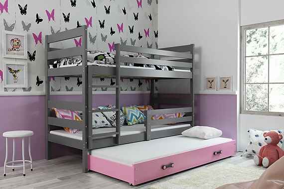 BMS Detská poschodová posteľ s prístelkou Eryk 3 FARBA: Grafit, ROZMER: 90 x 200 cm, DOPLNKOVÁ FARBA: Ružová