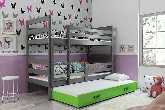 BMS Detská poschodová posteľ s prístelkou Eryk 3 FARBA: Grafit, ROZMER: 90 x 200 cm, DOPLNKOVÁ FARBA: Zelená