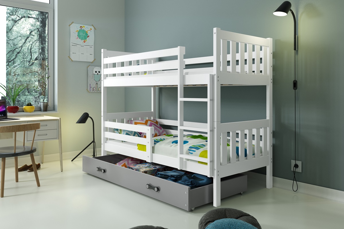 BMS Detská poschodová posteľ Carino | 190 x 80 FARBA: Biela / sivá, PREVEDENIE: posteľ s úložným priestorom