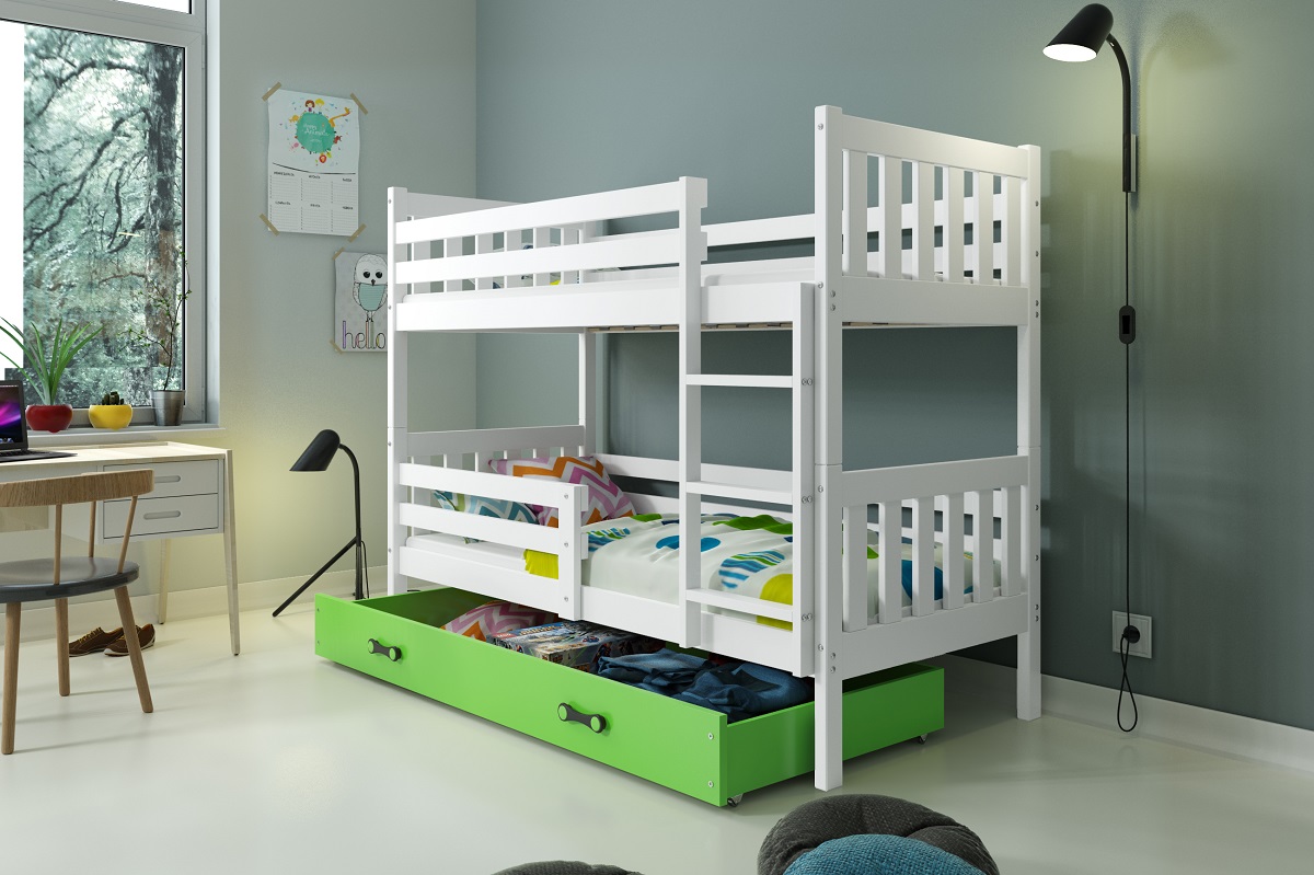 BMS Detská poschodová posteľ Carino | 190 x 80 FARBA: Biela / zelená, PREVEDENIE: posteľ s úložným priestorom