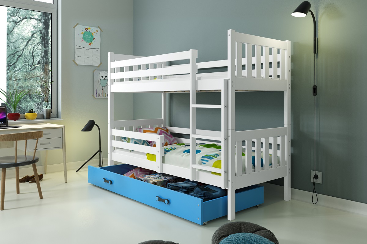 BMS Detská poschodová posteľ Carino | 190 x 80 FARBA: Biela / modrá, PREVEDENIE: posteľ s úložným priestorom
