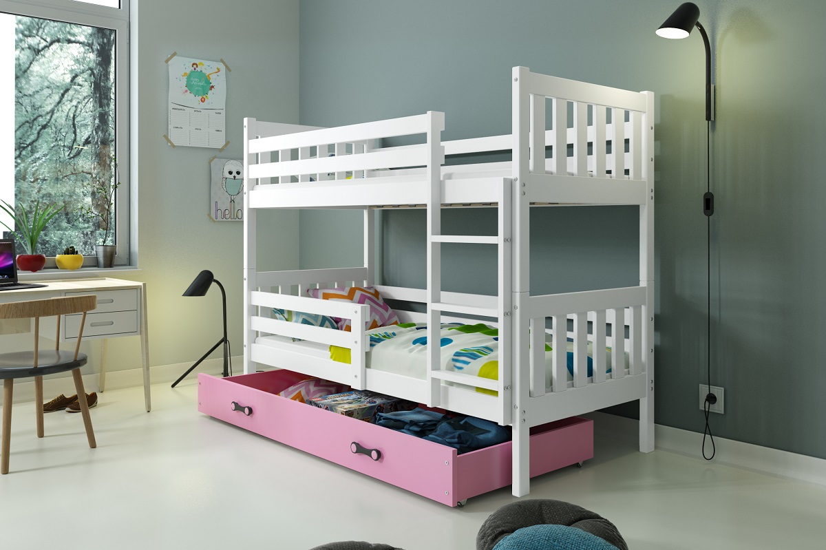 BMS Detská poschodová posteľ Carino | 190 x 80 FARBA: Biela / ružová, PREVEDENIE: posteľ s úložným priestorom
