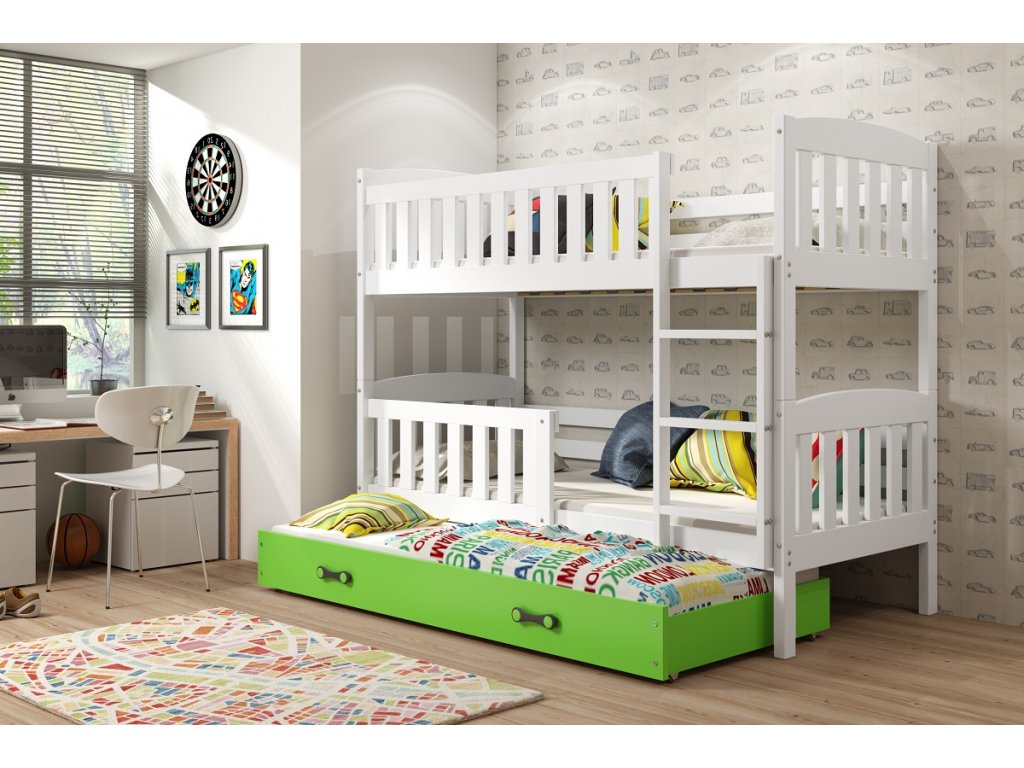 BMS Detská poschodová posteľ KUBUŠ 3 s prístelkou | 200 x 90 FARBA: Biela, DOPLNKOVÁ FARBA: Zelená