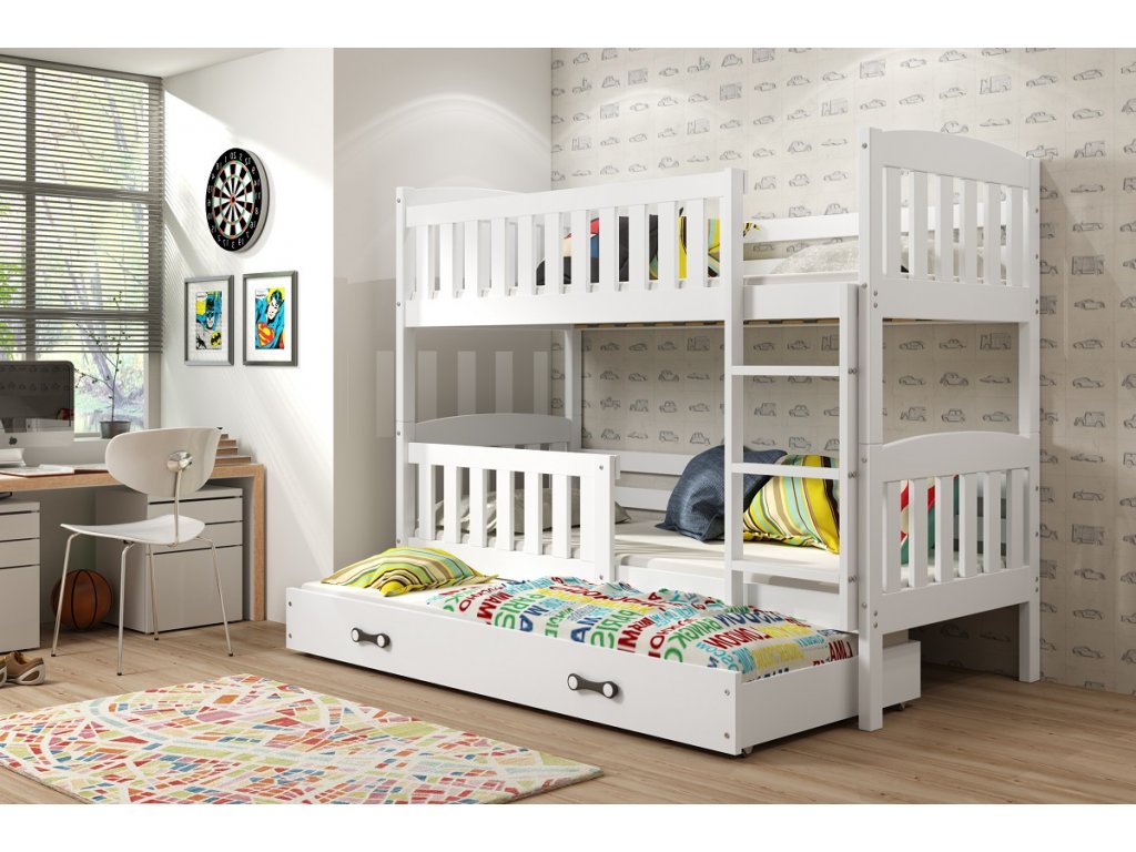 BMS Detská poschodová posteľ KUBUŠ 3 s prístelkou | biela FARBA: Biela 80 x 190 cm, DOPLNKOVÁ FARBA: Biela