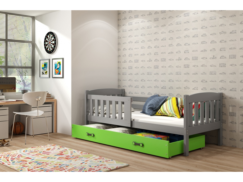 BMS Detská posteľ KUBUŠ 1 s úložným priestorom FARBA: Grafit 90 x 200 cm, DOPLNKOVÁ FARBA: Zelená