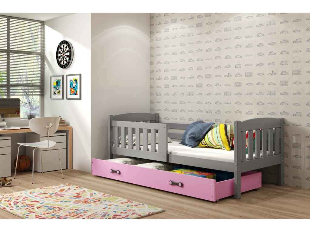 BMS Detská posteľ KUBUŠ 1 s úložným priestorom FARBA: Grafit 80 x 160 cm, DOPLNKOVÁ FARBA: Ružová