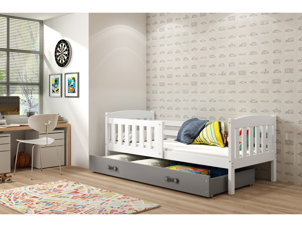 BMS Detská posteľ KUBUŠ 1 s úložným priestorom FARBA: Biela 80 x 160 cm, DOPLNKOVÁ FARBA: Grafit