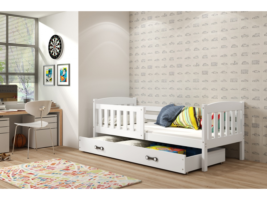 BMS Detská posteľ KUBUŠ 1 s úložným priestorom FARBA: Biela 90 x 200 cm, DOPLNKOVÁ FARBA: Biela