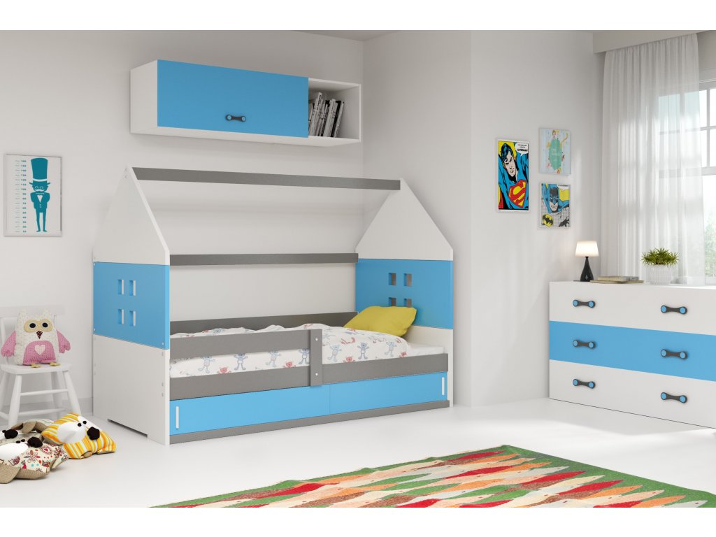 BMS Detská posteľ domček DOMI 1 s úložným priestorom FARBA: Grafit, DOPLNKOVÁ FARBA: Modrá