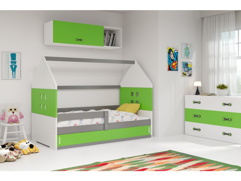 BMS Detská posteľ domček DOMI 1 s úložným priestorom FARBA: Grafit, DOPLNKOVÁ FARBA: Zelená