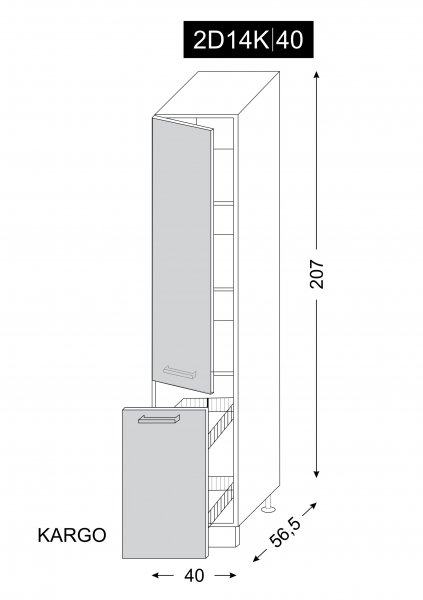 ArtExt Kuchynská skrinka vysoká MALMO | 2D14K 40 s cargo košom Farba dvierok: Pembroke, Farba korpusu: Grey