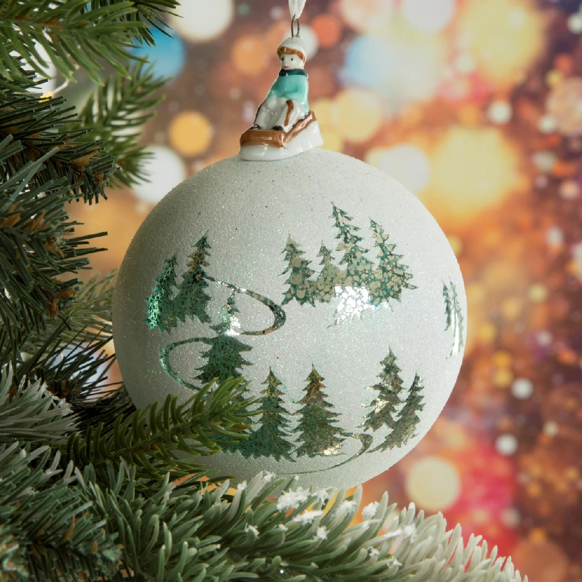 ArtFir Vianočná dekorácia BANKA 213B | sklenená biela/zelená 10 cm
