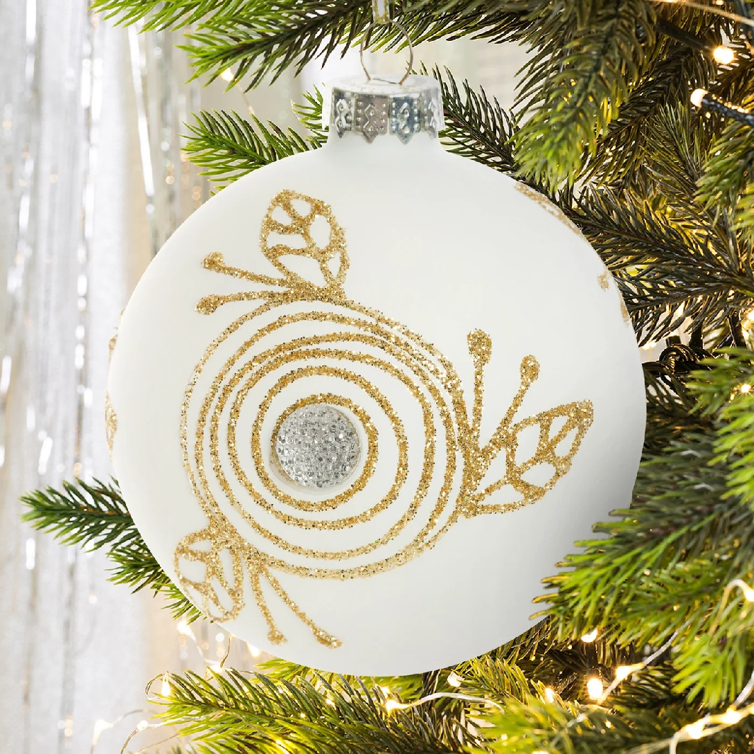 ArtFir Vianočná dekorácia BANKA 157A | sklenená biela/zlatá 8 cm