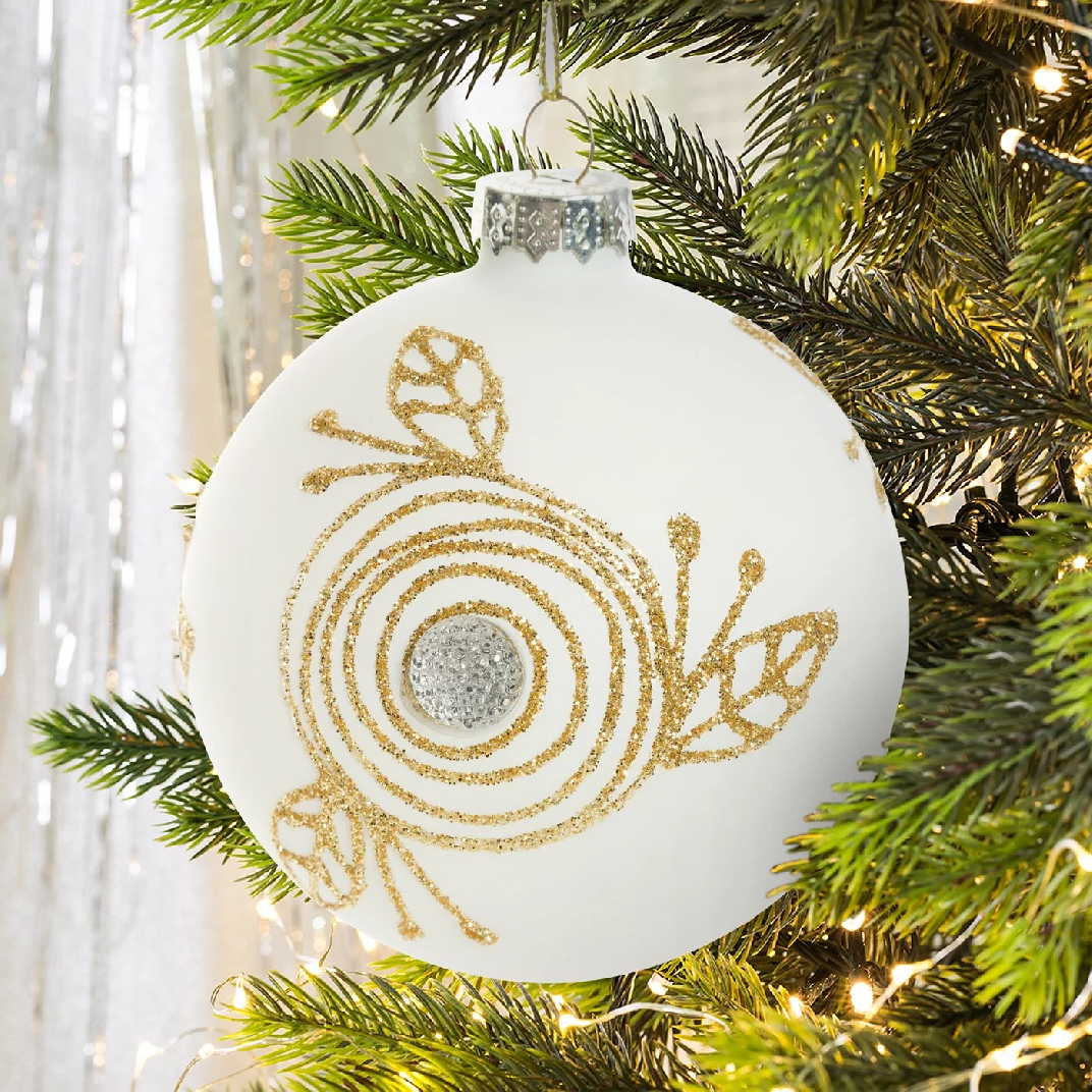 ArtFir Vianočná dekorácia BANKA 157B | sklenená biela/zlatá 10 cm