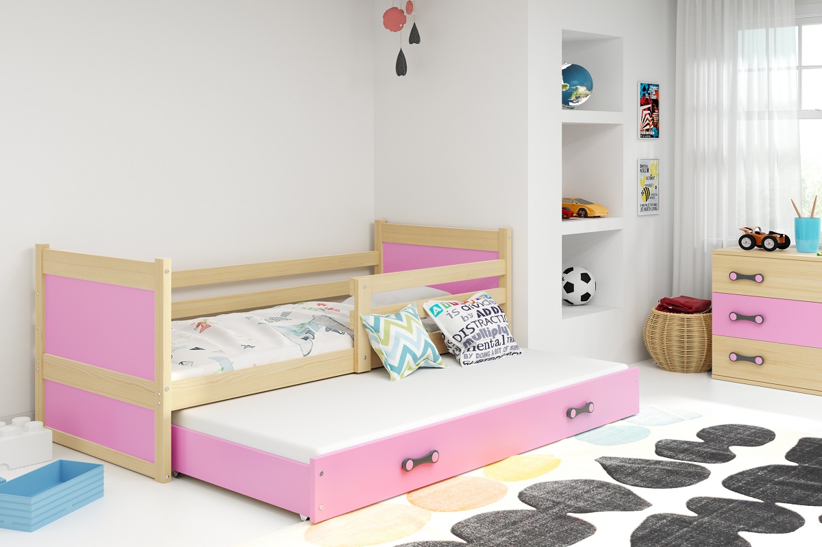 BMS Detská posteľ RICO 2 s prístelkou | 200 x 90 FARBA KONŠTRUKCIE: Borovica, DOPLNKOVÁ FARBA: Ružová