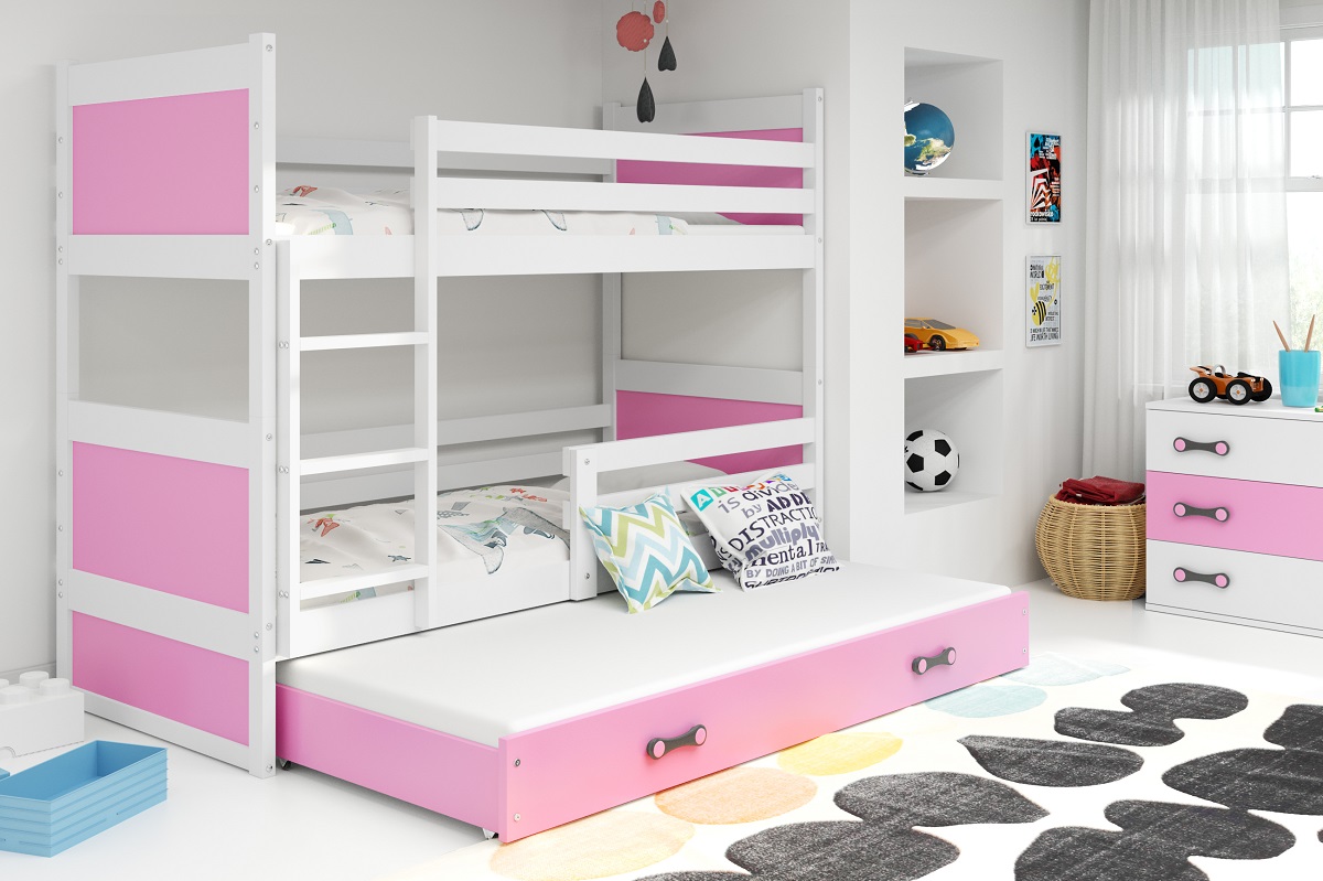 BMS Detská poschodová posteľ RICO 3  s prístelkou | 190 x 80 FARBA KONŠTRUKCIE: Biela, DOPLNKOVÁ FARBA: Ružová