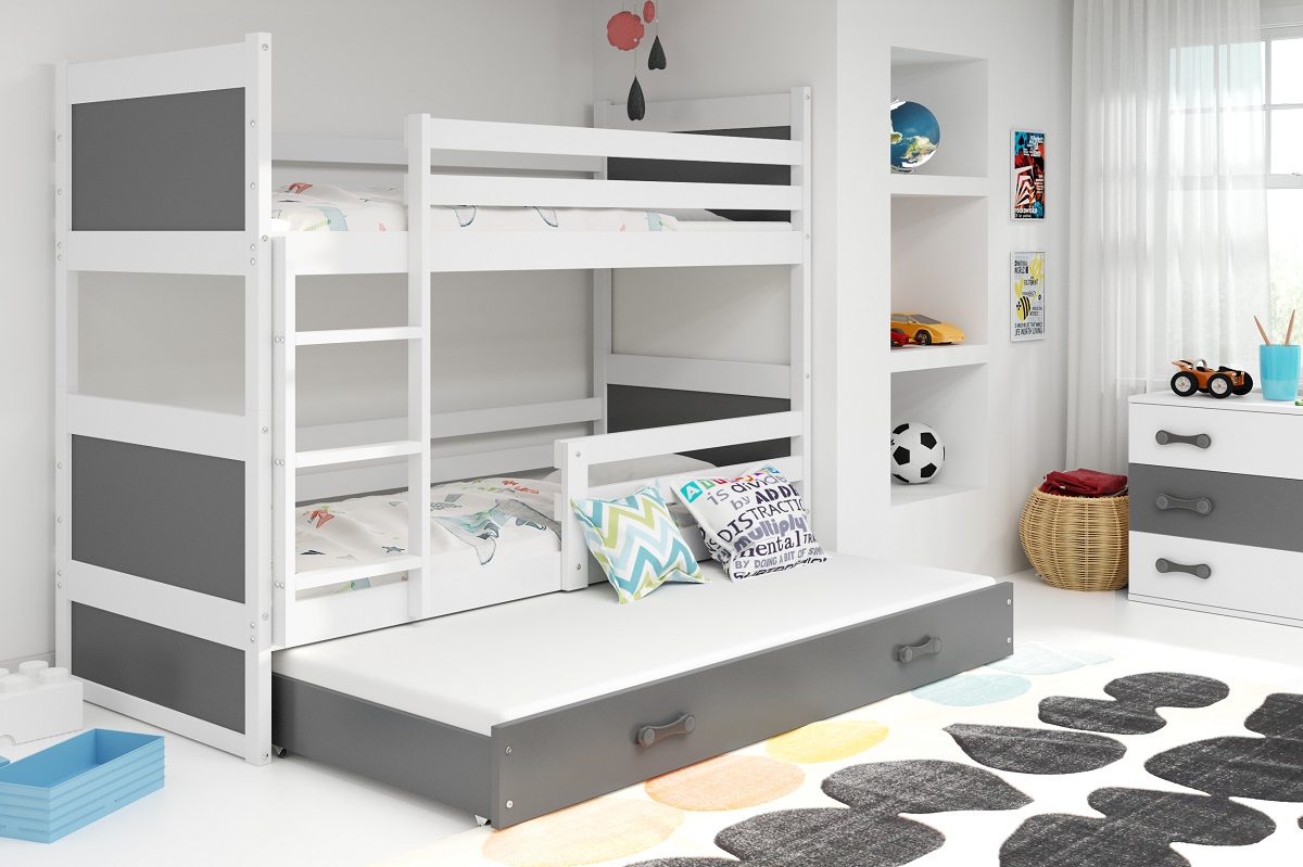 BMS Detská poschodová posteľ RICO 3  s prístelkou | 190 x 80 FARBA KONŠTRUKCIE: Biela, DOPLNKOVÁ FARBA: Sivá