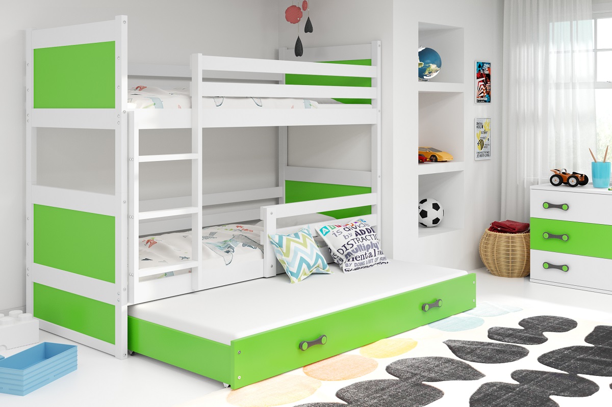 BMS Detská poschodová posteľ RICO 3  s prístelkou | 190 x 80 FARBA KONŠTRUKCIE: Biela, DOPLNKOVÁ FARBA: Zelená