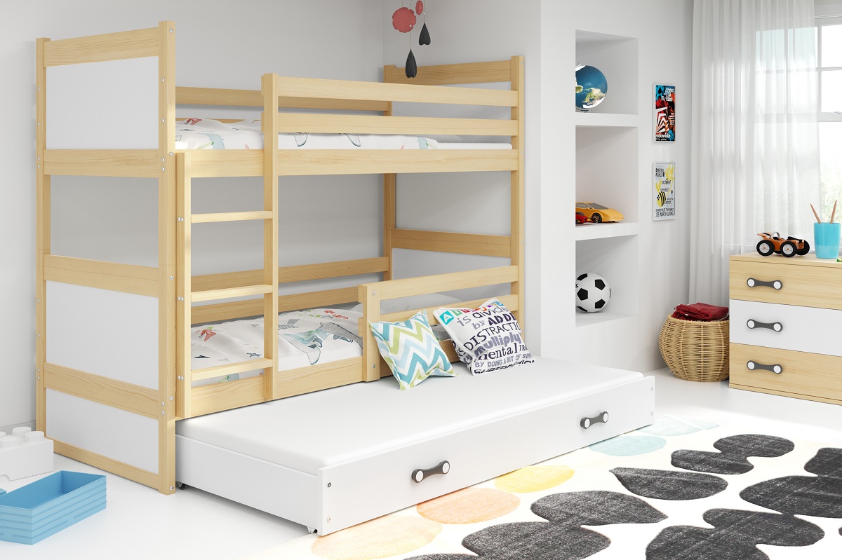 BMS Detská poschodová posteľ RICO 3  s prístelkou | 190 x 80 FARBA KONŠTRUKCIE: Borovica, DOPLNKOVÁ FARBA: Biela