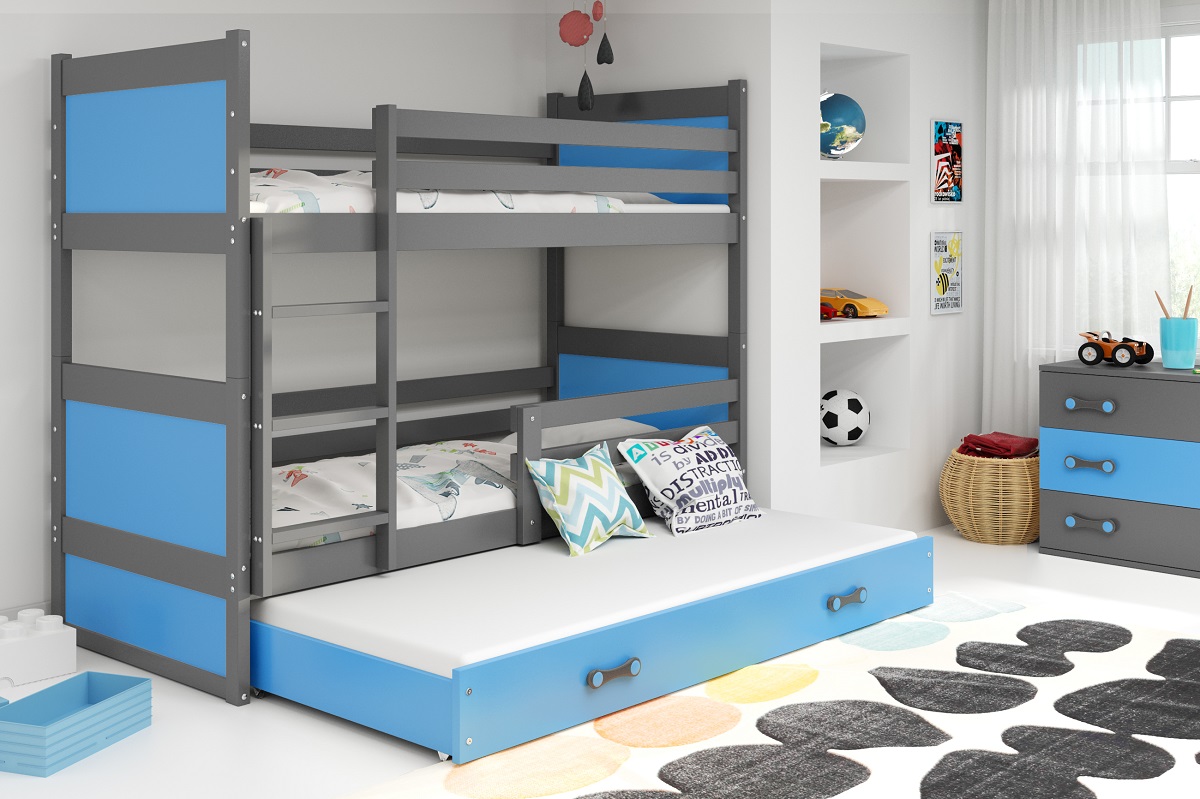 BMS Detská poschodová posteľ RICO 3  s prístelkou | 190 x 80 FARBA KONŠTRUKCIE: Grafit, DOPLNKOVÁ FARBA: Modrá