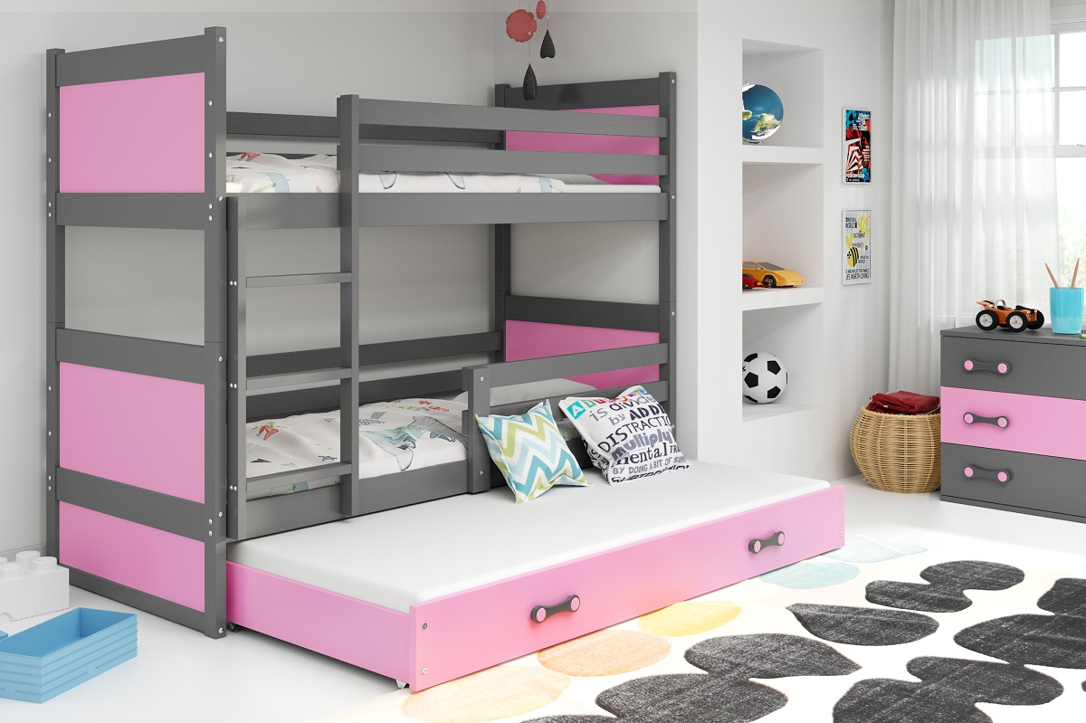 BMS Detská poschodová posteľ RICO 3  s prístelkou | 190 x 80 FARBA KONŠTRUKCIE: Grafit, DOPLNKOVÁ FARBA: Ružová