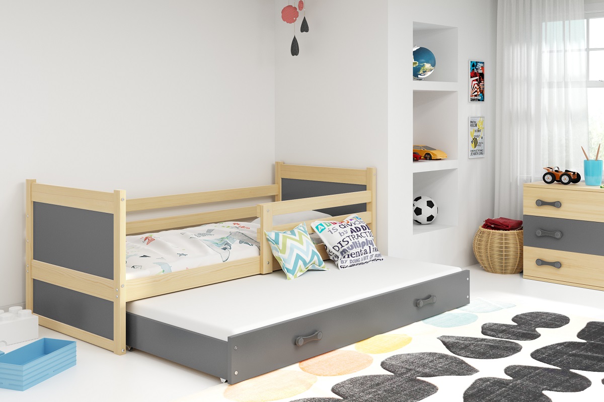 BMS Detská posteľ RICO 2 s prístelkou | 190 x 80 FARBA KONŠTRUKCIE: Borovica, DOPLNKOVÁ FARBA: Sivá