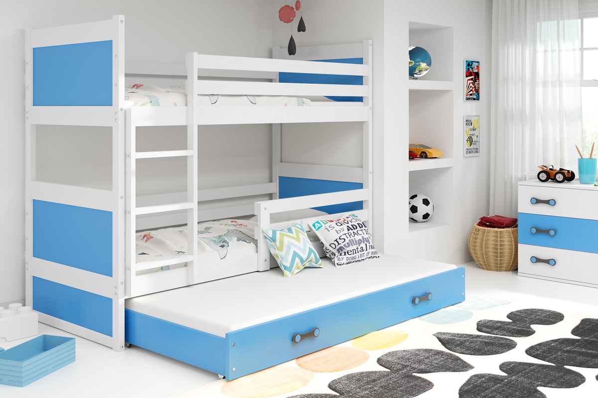 BMS Detská poschodová posteľ RICO 3 s prístelkou | 200 x 90 FARBA KONŠTRUKCIE: Biela, DOPLNKOVÁ FARBA: Modrá