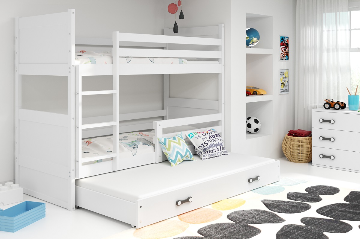 BMS Detská poschodová posteľ RICO 3 s prístelkou | 160 x 80 FARBA KONŠTRUKCIE: Biela, DOPLNKOVÁ FARBA: Biela