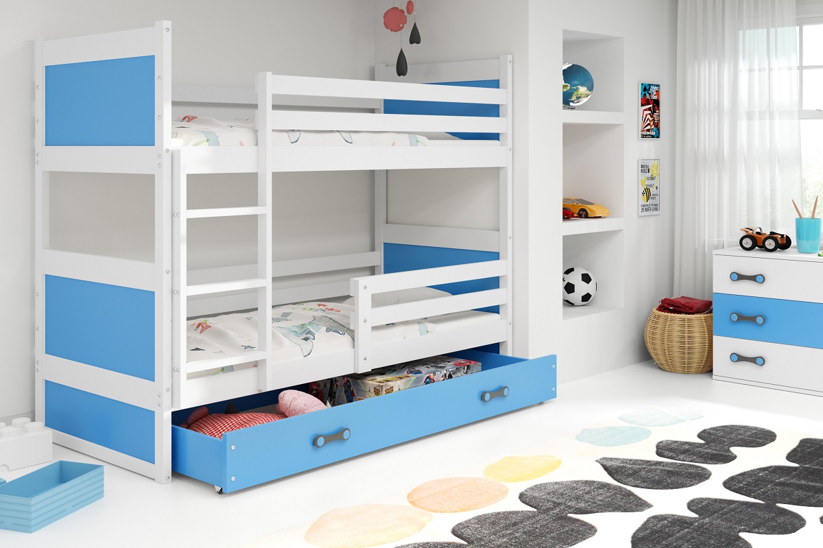 BMS Detská poschodová posteľ RICO | 80 x 190 cm FARBA KONŠTRUKCIE: Biela, DOPLNKOVÁ FARBA: Modrá