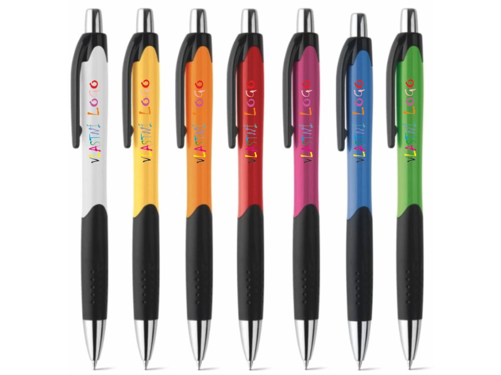 Kuličkové pero z ABS a s protikluzovým gripem CARIBE s vlastním potiskem (Barva růžová)