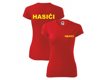 Červené dámské sportovní triko pro hasiče (Velikost XS, Umístění potisku levé prso, Barva potisku černá)