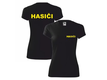 Černé dámské sportovní triko pro hasiče (Velikost XS, Umístění potisku levé prso, Barva potisku oranžová)