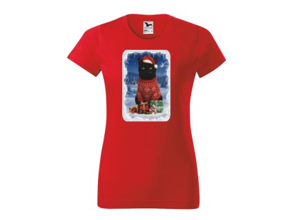 Vánoční tričko dámské Černý kocour (Velikost XS, Barva bílá)