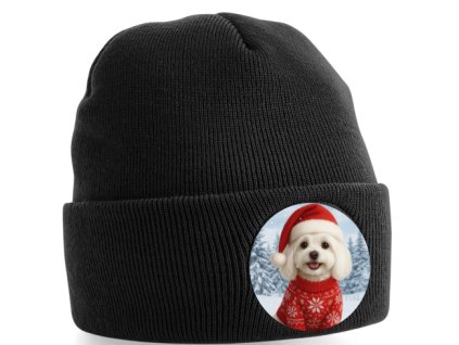 Zimní vánoční čepice s Maltézským psíkem (Barva černá)