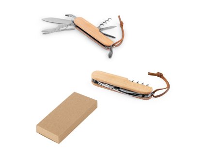 RYKER. Multifunkční kapesní nůž z bambusu a nerezové oceli s PU rukojetí (Barva naturální)